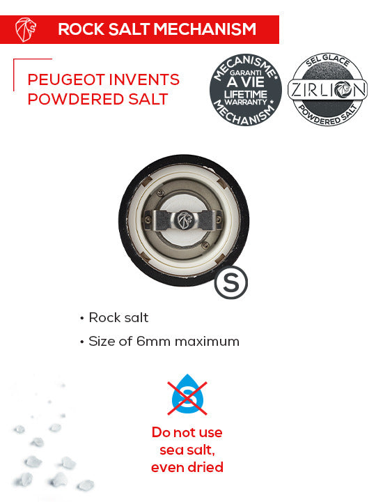 Peugeot | Paris U'Select Salt Mill, Pearl Grey, with Zirlion mechanism for fine rock salt grinding. Features lifetime warranty and six texture settings.
