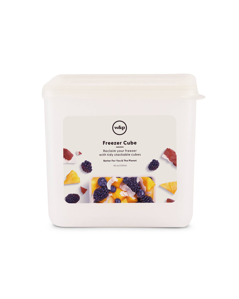 W&P - Freezer Cube Storage Containers: Set of 3 in Small, Medium, Large, featuring stackable design with labeled lids for easy food storage and organization.