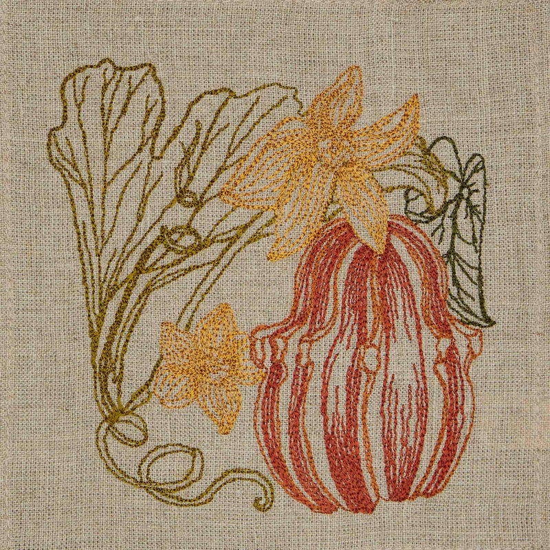 Coral & Tusk - Pumpkin Patch Cocktail Napkin Set features embroidered striped pumpkins with vines and blossoms on natural linen, perfect for autumn entertaining. Set of four, 5.5 square.