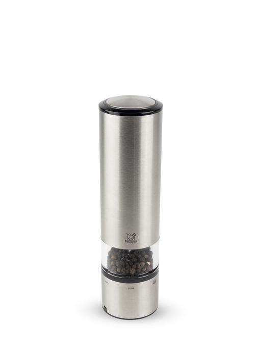 Peugeot | Elis Sense Pepper Mill Stainless/Acrylic, 8 Inches; sleek design with visible peppercorns, advanced touch activation, LED light, and adjustable grind settings, ideal for tech-savvy cooks.