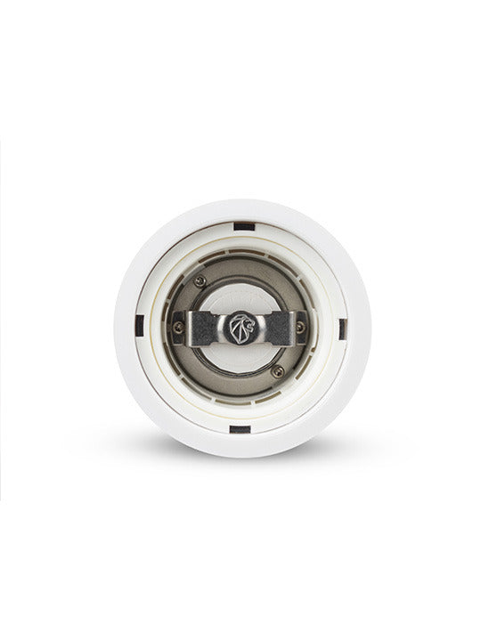 Close-up of Peugeot Paris u'Select Salt Mill, 9-inch, showcasing its twist-lock base and spring-clip bracket for precise grinding size selection, ideal for culinary precision.