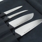 Messermeister - Vintage Leather 7 Pocket Knife Roll - Black: Stainless-steel knives in a black leather roll, featuring various blade types for versatile kitchen use.