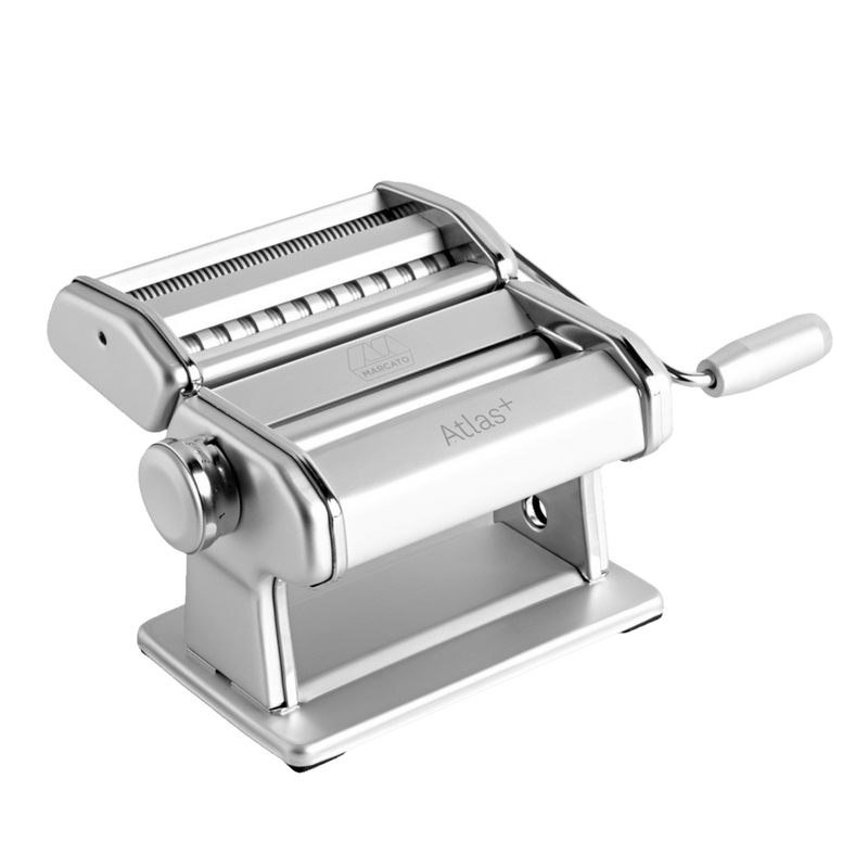 Marcato | Atlas 150 Plus Pasta Machine, Ice, with hand-crank and double cutter for lasagne, fettuccine, and spaghetti, showcasing its premium steel construction and adjustable rollers.