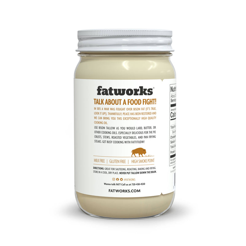 Fatworks | Grass Fed Bison Tallow (14 oz.) jar for versatile cooking, ideal for Keto and Paleo diets, sourced from U.S. pasture-raised bison.