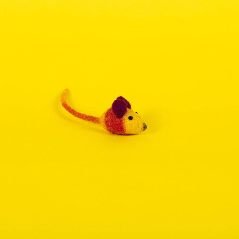 Ware of the Dog - Wool Mouse Cat Toy: Orange/Purple, a felted mouse figurine filled with catnip, set on a bright yellow background, supporting fair trade in Nepal.