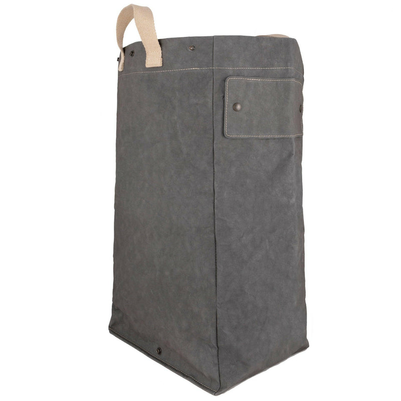 UASHMAMA Laundry Bag Hampers - Dark Grey, featuring a grey fabric with button, pocket, and cotton strap. Ideal for organizing laundry, sustainably crafted, and lightweight.