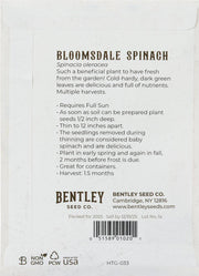 Bentley Seed Co. - Spinach-Bloomsdale Savory 1820 packet back with planting instructions, company info, and icons for Non-GMO, recyclable, Made in USA.