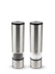 Peugeot | Elis Sense Duo Gift Box: Stainless-steel electric spice mills with acrylic panels, featuring touch activation and adjustable grind settings, filled with black peppercorns and coarse salt.