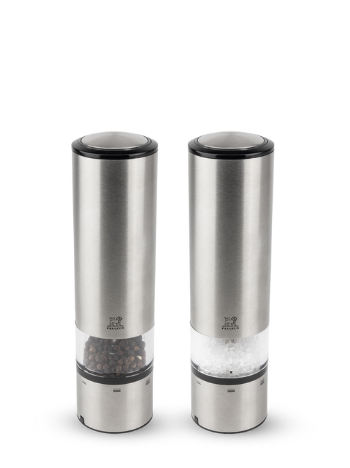 Peugeot | Elis Sense Duo Gift Box: Stainless-steel electric spice mills with acrylic panels, featuring touch activation and adjustable grind settings, filled with black peppercorns and coarse salt.