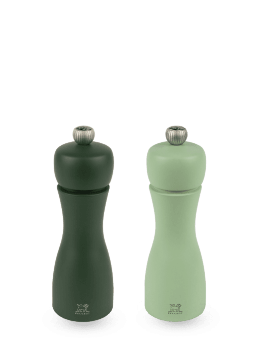 Peugeot | Tahiti Duo Salt + Pepper Mills - Air, featuring elegant hourglass design with adjustable knobs, crafted from sustainable wood for a sophisticated touch to dining.