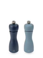 Peugeot | Tahiti Duo Salt + Pepper Mills - Air, curvy hourglass-shaped mills with S and P adjustment knobs, crafted from sustainably sourced wood.