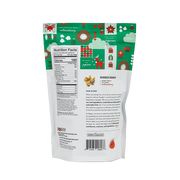Poppy Handcrafted Popcorn - Reindeer Crunch Popcorn bag showing nutrition, ingredients, festive graphics, and brand story. Perfect holiday treat for gifting, with long shelf life.