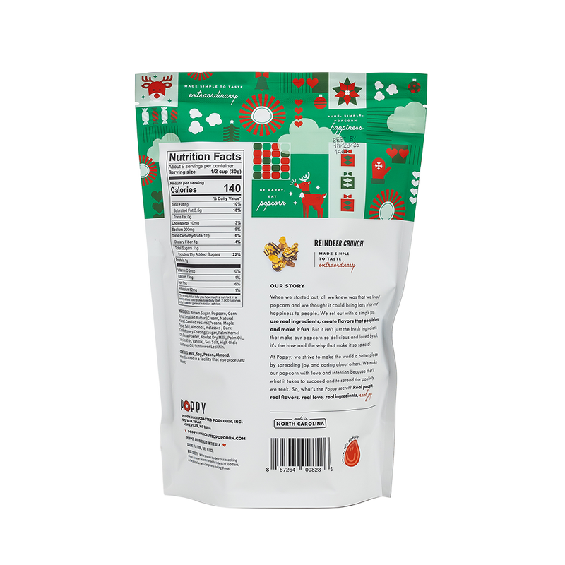 Poppy Handcrafted Popcorn - Reindeer Crunch Popcorn bag showing nutrition, ingredients, festive graphics, and brand story. Perfect holiday treat for gifting, with long shelf life.