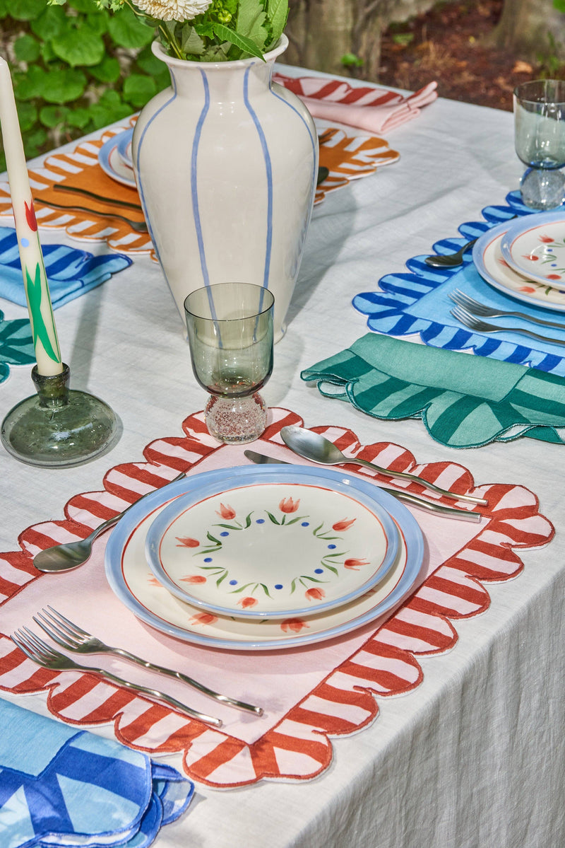 Misette | Jardin Embroidered Linen Scalloped Stripe Napkins, Green, Set of 4