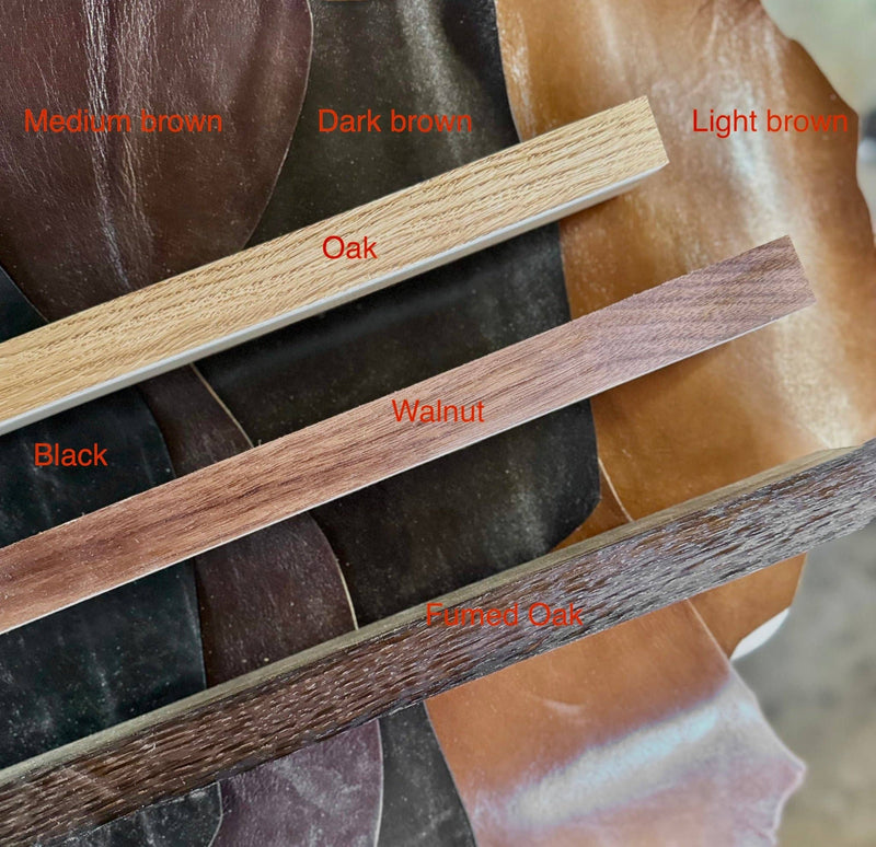 Rune-Jakobsen Design 'Leather protected' knife magnet with light brown leather front and oak wood base, showcasing a close-up of its textured surface and seamless integration of encased magnets.