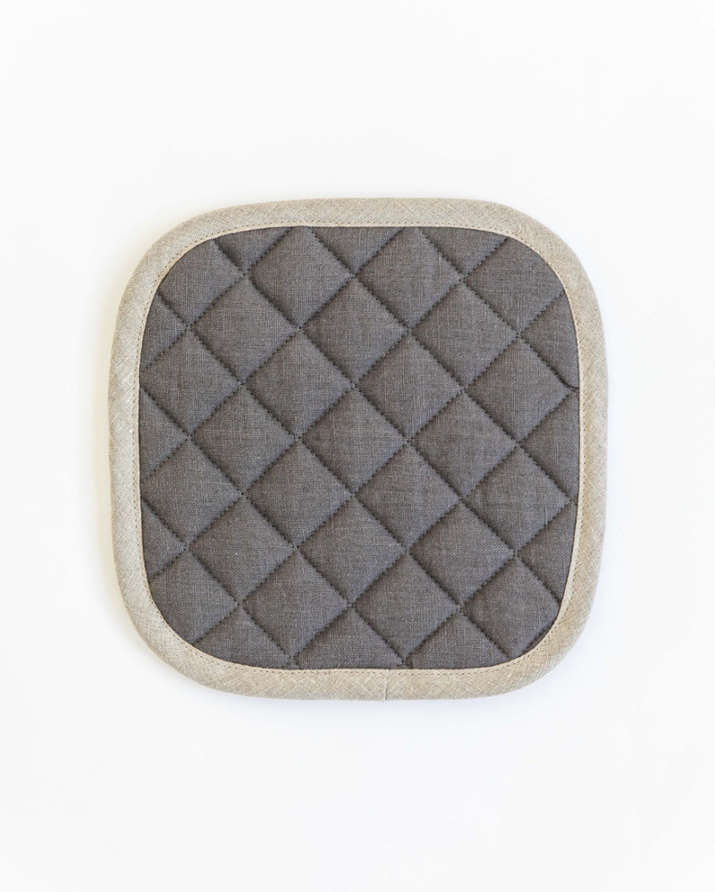 MagicLinen grey square pot-holder with quilted detailing and hanging loop, made from European flax, perfect for heat protection in the kitchen.
