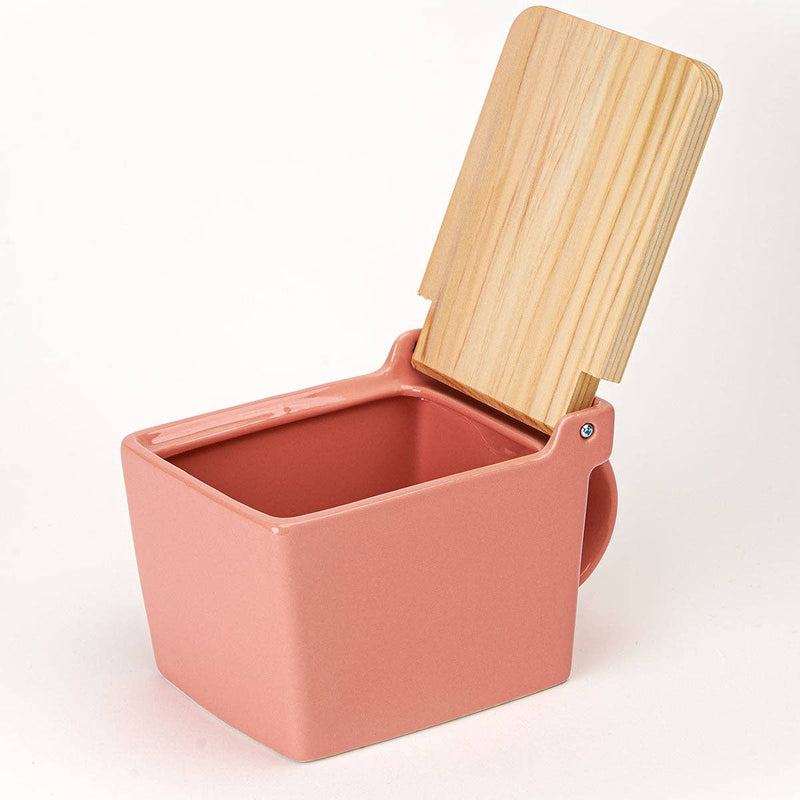 Zero Japan | Bee House Ceramic Salt Box With Wooden Lid & Dehumidifying Measuring Spoon, Coral Pink