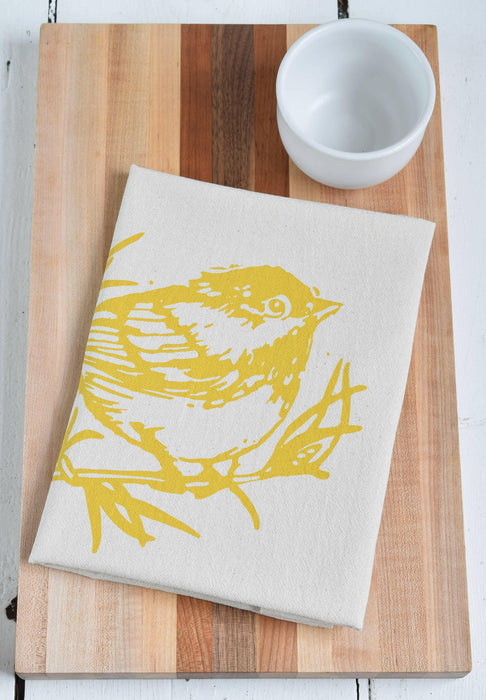 Hearth and Harrow - Organic Cotton Chickadee Tea Towel in Mustard Yellow - Bird.