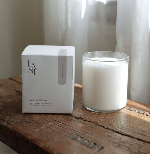 Last Candle Co. | No. 03 Italian Citrus Candle Refill Insert, featuring a 9 oz clear glass unlit candle, ideal for luxury refillable vessels.