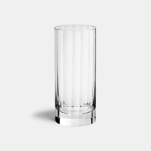 Richard Brendon | Fluted Highball glass, inspired by 1920s Art Deco, showcasing elegant, transparent design, ideal for enhancing any barware collection.