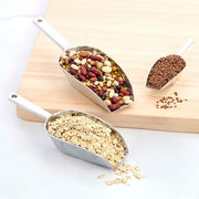 Flat Bottom Food Utility Scoop, 7.5in, on a wooden surface with scoops of food, ideal for portioning beans and oatmeal.