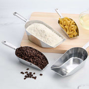 Flat Bottom Food Utility Scoop, 10.5, shown with various flours and beans, highlighting its versatility for kitchen use. Ideal for scooping bulk ingredients efficiently.