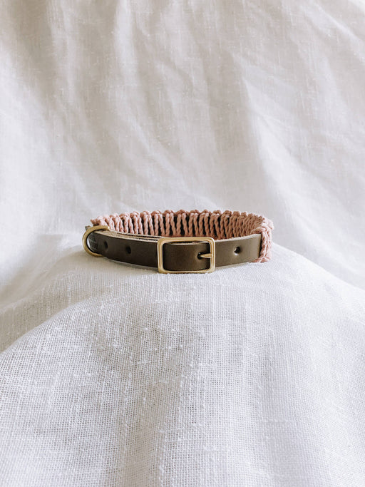 EMBER & IVORY - Olive/Blush Macrame & Leather Dog Collar: S features a brown leather strap with pink macrame, brass buckle, and D-ring, laid on white cloth.