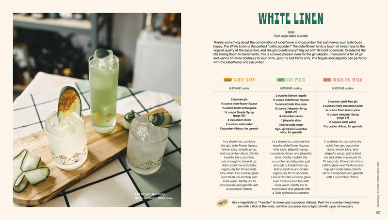 Three Cheers cocktail book spread with recipes for White Linen, Hot Pants, and Denim on Denim, highlighting diverse cocktail options for every taste.
