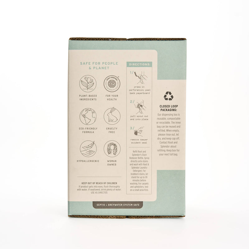 Root and Splendor - Bulk Stain Remover: 18 L refill box, showcasing eco-friendly credentials, refill instructions, and closed-loop packaging for sustainable laundry care.