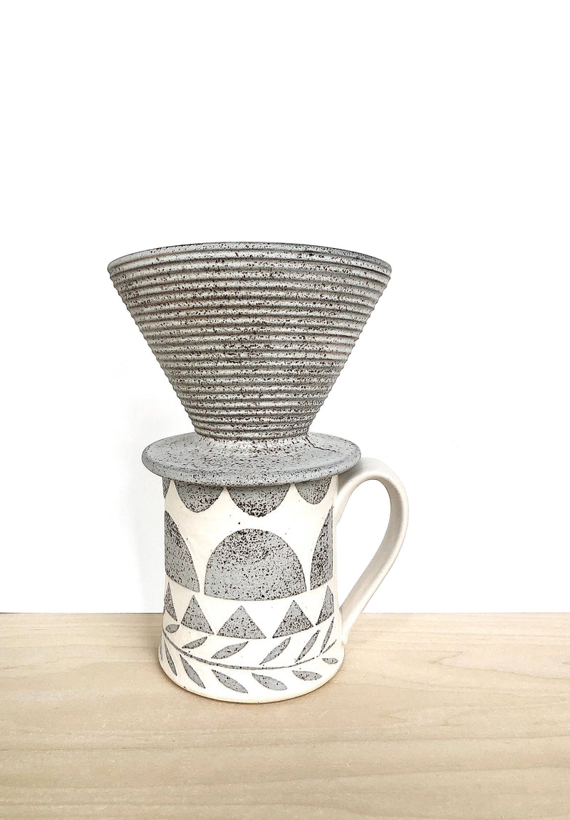 Jessica Wertz Ceramics - Grey Coffee Pour Over, featuring a handmade ceramic dripper with geometric designs, resting atop a matching mug, perfect for artisanal coffee experiences.