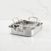 Hestan Provisions | Classic Roaster with Rack, 14.5 Inches, on marble countertop, featuring durable stainless steel construction and ergonomic handles for efficient cooking and serving.