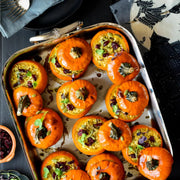 Hestan Provisions | Classic Roaster with Rack, 14.5 Inches, showcasing festive stuffed pumpkins with rice, cranberries, and seeds, perfect for holiday entertaining.