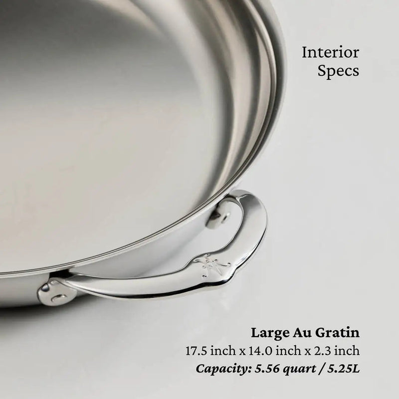Hestan Provisions | Large Clad Oval Roaster, polished stainless steel, 17.5″ x 14″ x 2.3″, 5.56 qt capacity, crafted for even heat distribution and elegance.