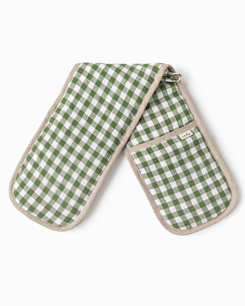 MagicLinen double oven mitt featuring a green and white checkered pattern, designed for heat protection, crafted from natural linen in a zero-waste program.