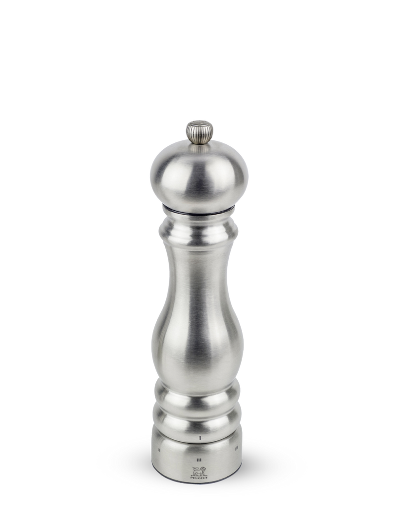 Peugeot | Paris Chef u'Select Pepper Mill Stainless Steel 9 Inches, featuring a classic turned shape with adjustable knob, showcasing high-quality stainless steel and precision grinding mechanism.