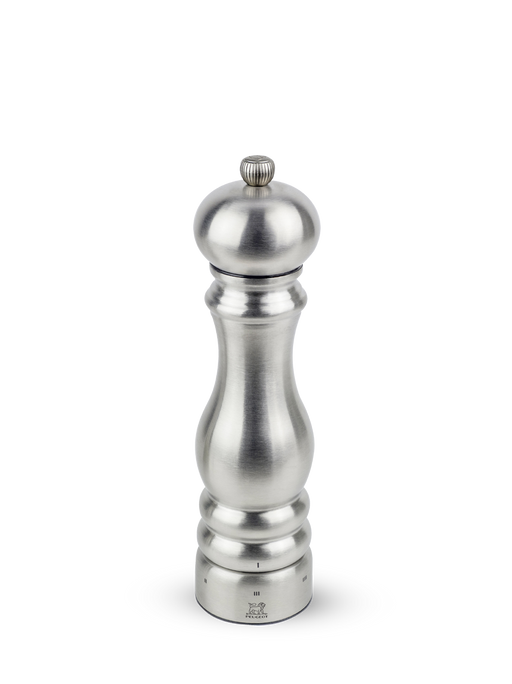 Peugeot | Paris Chef u'Select Pepper Mill Stainless Steel 9 Inches, featuring a classic turned shape with adjustable knob, showcasing high-quality stainless steel and precision grinding mechanism.