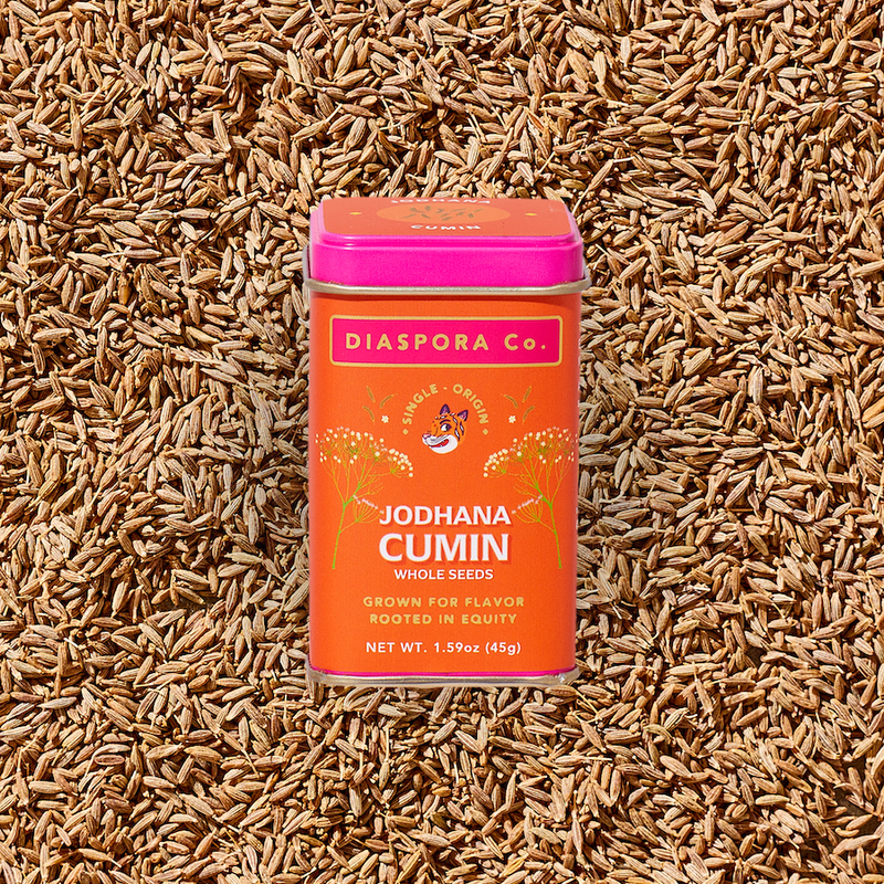 Diaspora Spices Co. - Jodhana Cumin (Whole Seeds) - Single-Origin Spice: 45g tin surrounded by loose cumin seeds, highlighting its artisanal, organic cultivation.