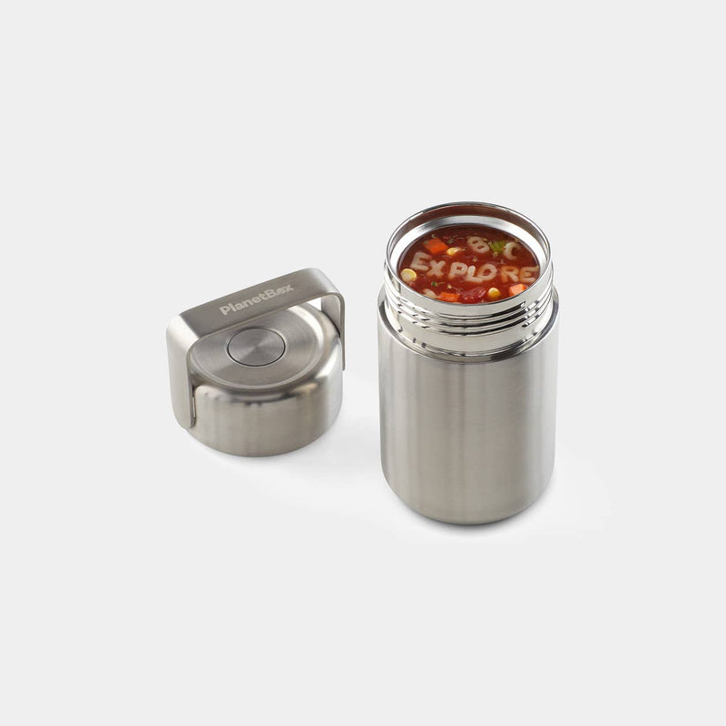 PlanetBox - Insulated Container with lid off, filled with chunky vegetable soup featuring alphabet noodles spelling EXPLORE, highlighting its vacuum-insulated, leakproof design for hot or cold meals.