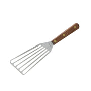 Lamson Chef's Slotted Turner with walnut handle, 4 x 9, ideal for flipping delicate foods, features long slots for easy handling in liquids, suitable for left-handed use.