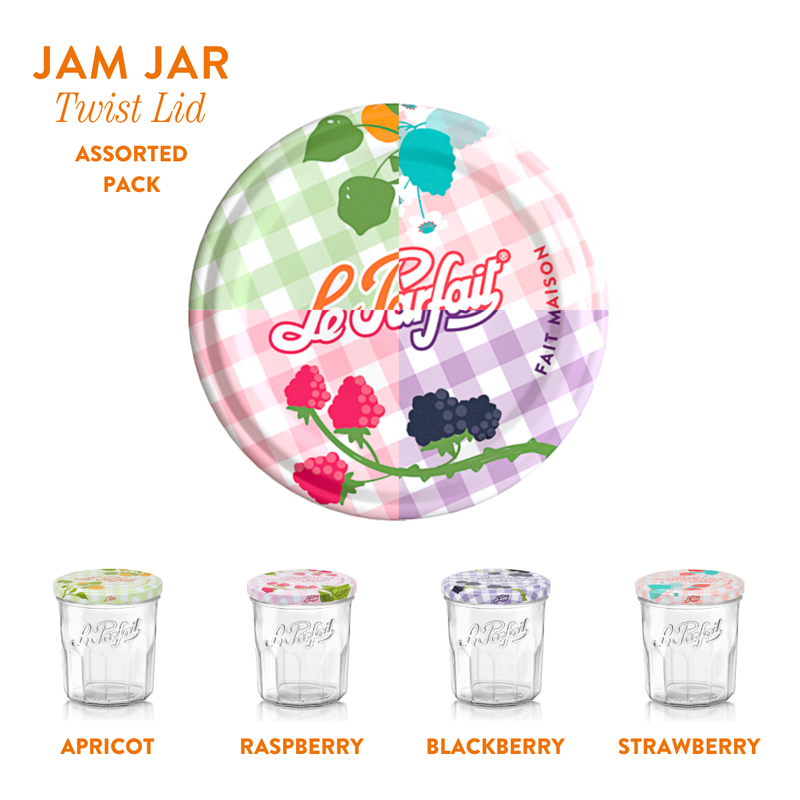 Le Parfait | Faceted French Jam Jar set features four glass jars with assorted fruit-illustrated twist lids for apricot, raspberry, blackberry, and strawberry flavors.