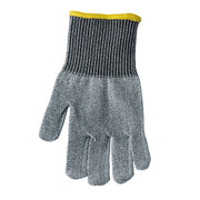 Microplane | Cut Resistant Kitchen Safety Gloves for Adults and Kids, Kids Gloves: Gray knit safety glove with yellow-trimmed cuff, designed for small hands to ensure kitchen safety.