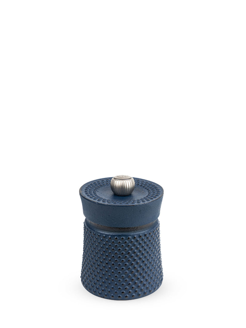 Peugeot | Bali Cast Iron Pepper Mill, Dark Blue, with hobnail texture, silver knob, ideal for enhancing cooking with Sichuan pepper, inspired by Japanese tea caddies.