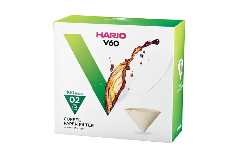 HARIO USA - V60 Paper Filters: White / 100 Sheets Boxed for optimal coffee brewing, fitting V60 drippers, enhancing clarity and balance for 1-4 cup brews.