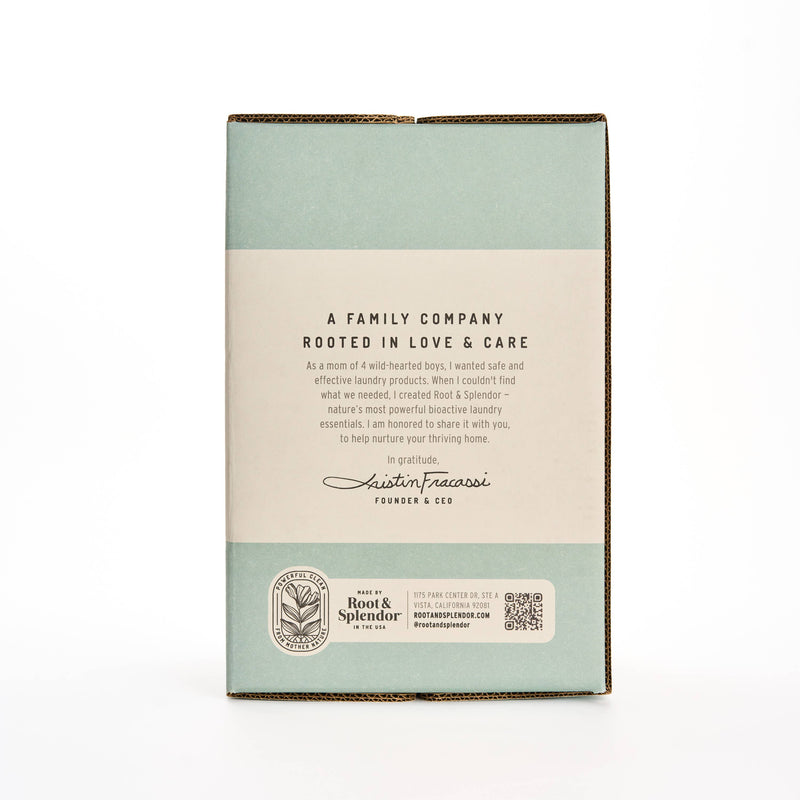 Root and Splendor - Bulk Stain Remover: 18 L packaging with founder's note, eco-friendly features, and QR code; ideal for sustainable kitchen stores.
