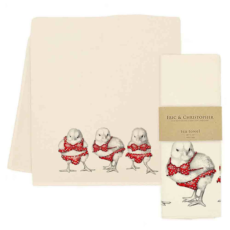 Eric & Christopher - Bikini Chicks Tea Towel featuring a whimsical bird illustration, screen printed on flour sack cotton, ideal for kitchen use.