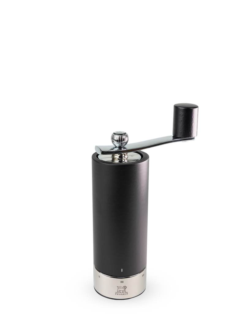Peugeot | Isen Pepper Mill, Matte Black, showcasing a hand-crank design with a wooden body and stainless-steel elements, perfect for adjustable pepper grinding.