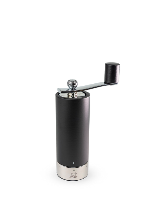 Peugeot | Isen Pepper Mill, Matte Black, showcasing a hand-crank design with a wooden body and stainless-steel elements, perfect for adjustable pepper grinding.