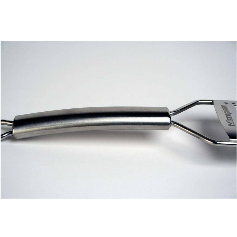 Microplane Professional Series Extra Coarse Cheese Grater with a sleek stainless-steel handle and perforated blade, ideal for efficient grating tasks in the kitchen.