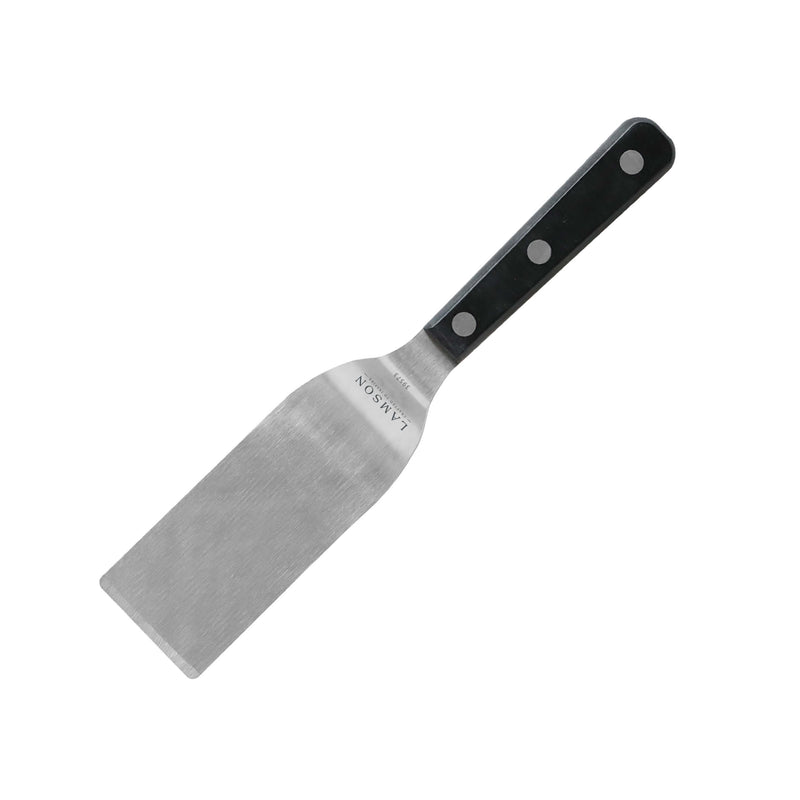 Lamson 3 x 8 Turner with POM Handle, a metal spatula ideal for professional kitchen use, shown close-up highlighting its robust construction and black handle.