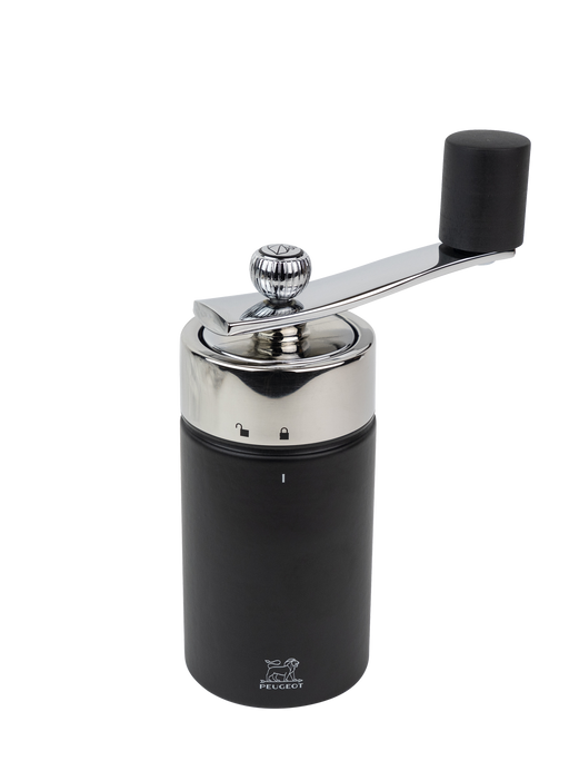 Peugeot | Isen Nutmeg Mill, Matte Black: A sleek, hand-crank grinder with an adjustable setting, ideal for finely grinding nutmeg, featuring a secure, lifetime-guaranteed mechanism.